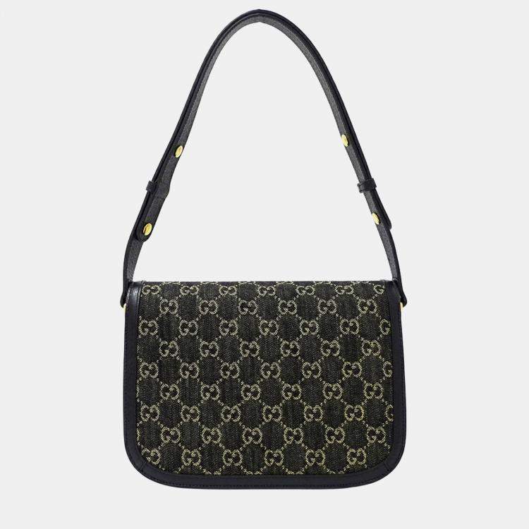 Pre Owned Gucci Horsebit 1955 Denim Shoulder Bag Black