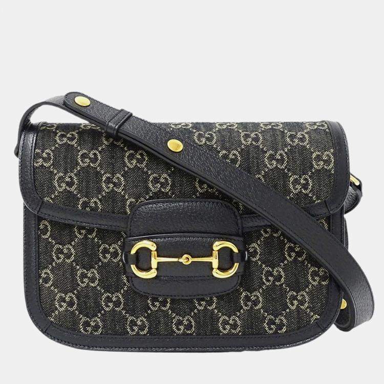 Pre Owned Gucci Horsebit 1955 Denim Shoulder Bag Black