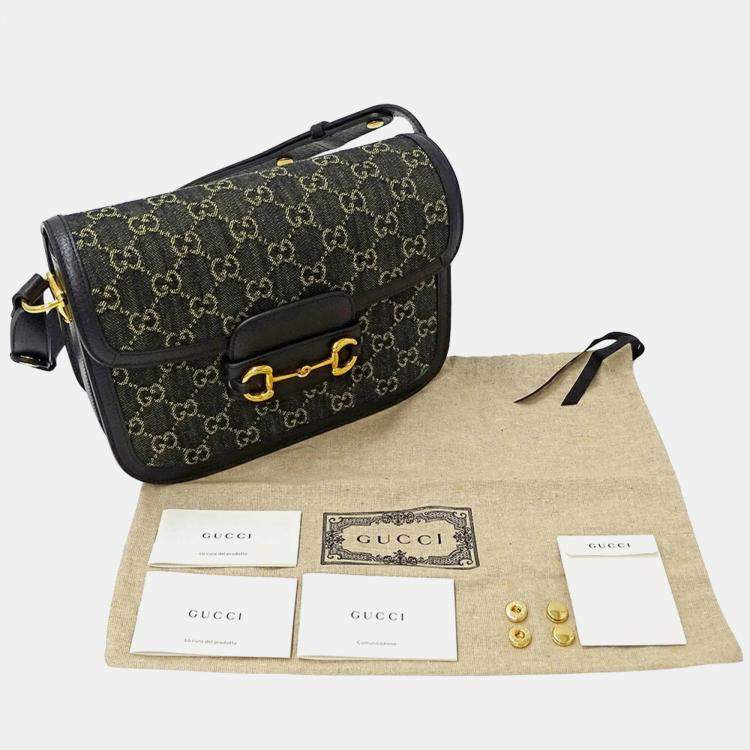Pre Owned Gucci Horsebit 1955 Denim Shoulder Bag Black
