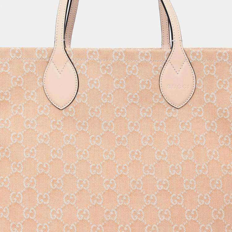 Pre Owned Gucci Beige Monogram Denim Ophidia Large Shopper Tote with Pouch