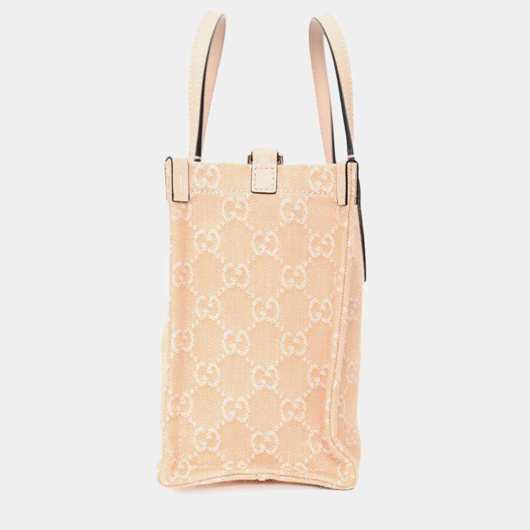 Pre Owned Gucci Beige Monogram Denim Ophidia Medium Shopper Tote with Strap + Pouch