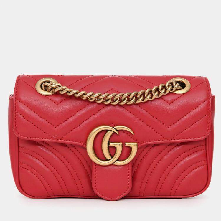 Pre Owned Gucci Red Leather Small GG Marmont Shoulder Bag
