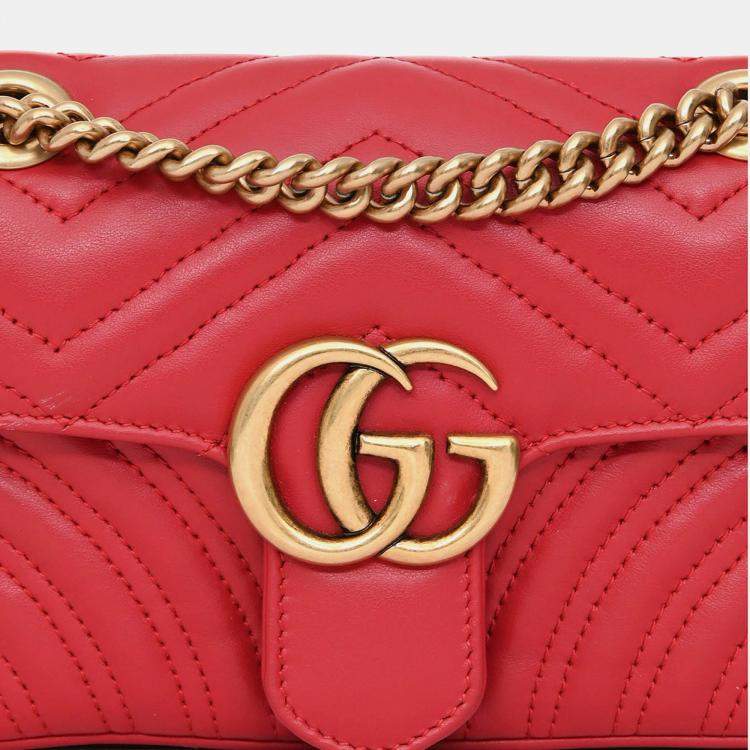 Pre Owned Gucci Red Leather Small GG Marmont Shoulder Bag