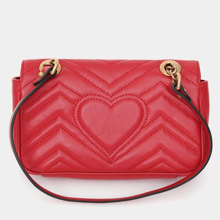Pre Owned Gucci Red Leather Small GG Marmont Shoulder Bag
