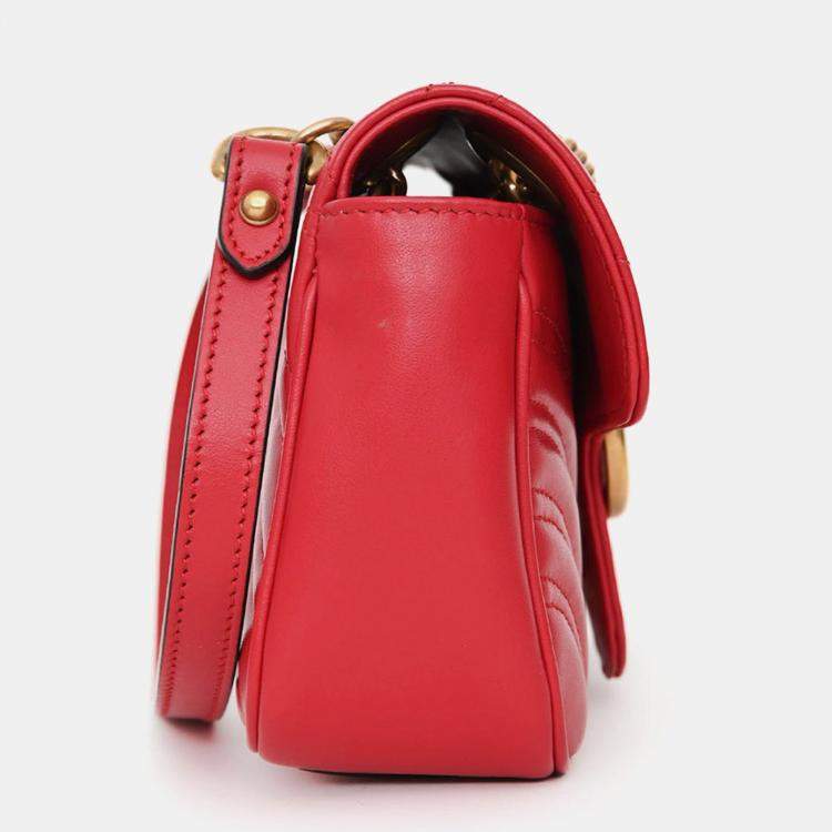 Pre Owned Gucci Red Leather Small GG Marmont Shoulder Bag
