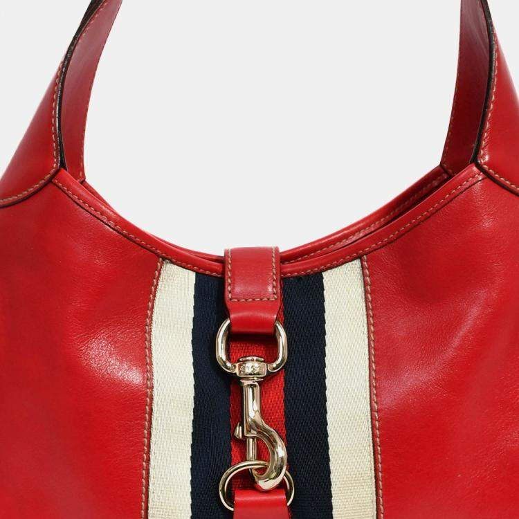 مملوكة مسبقًا Gucci Red Leather Canvas Stripe Medium Jackie Bag