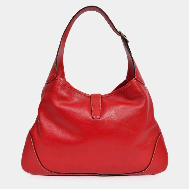 مملوكة مسبقًا Gucci Red Leather Canvas Stripe Medium Jackie Bag