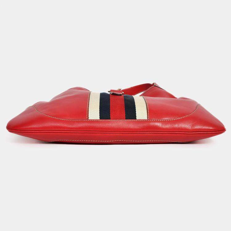 مملوكة مسبقًا Gucci Red Leather Canvas Stripe Medium Jackie Bag