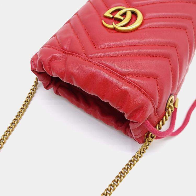Pre Owned Gucci Red Leather GG Marmont Mini Bucket Bag (575163)