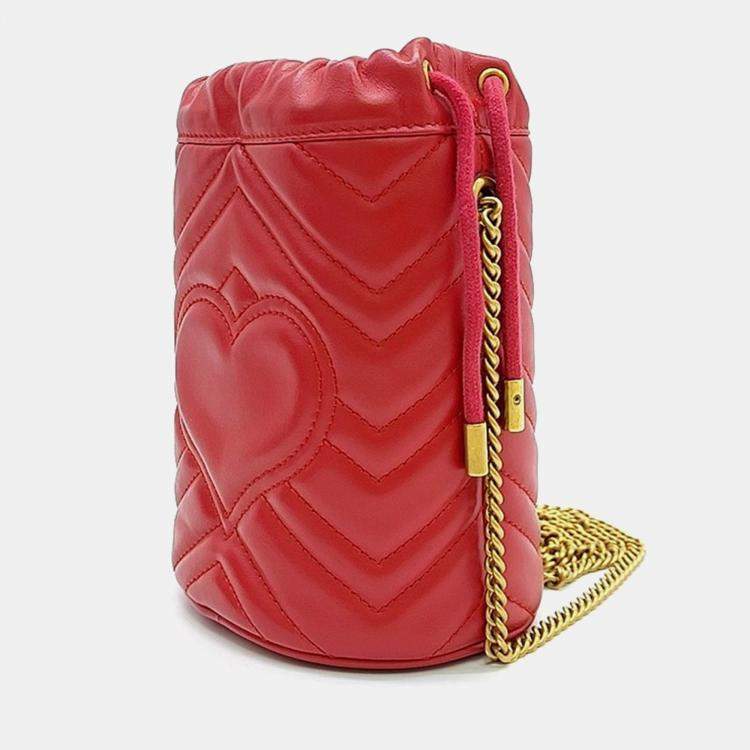 Pre Owned Gucci Red Leather GG Marmont Mini Bucket Bag (575163)