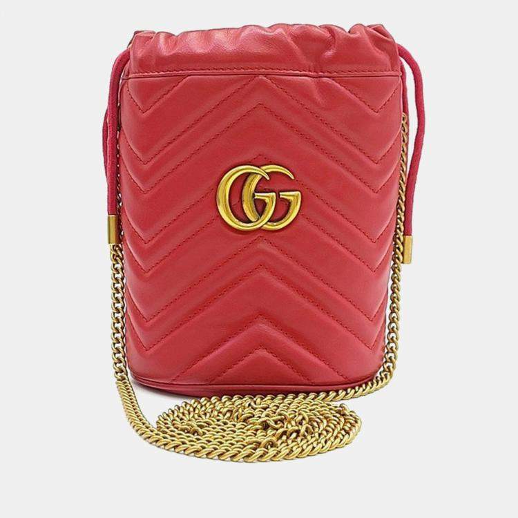 Pre Owned Gucci Red Leather GG Marmont Mini Bucket Bag (575163)