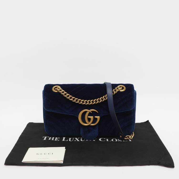 Pre Owned Gucci GG Marmont Medium Blue Velvet Shoulder Bag
