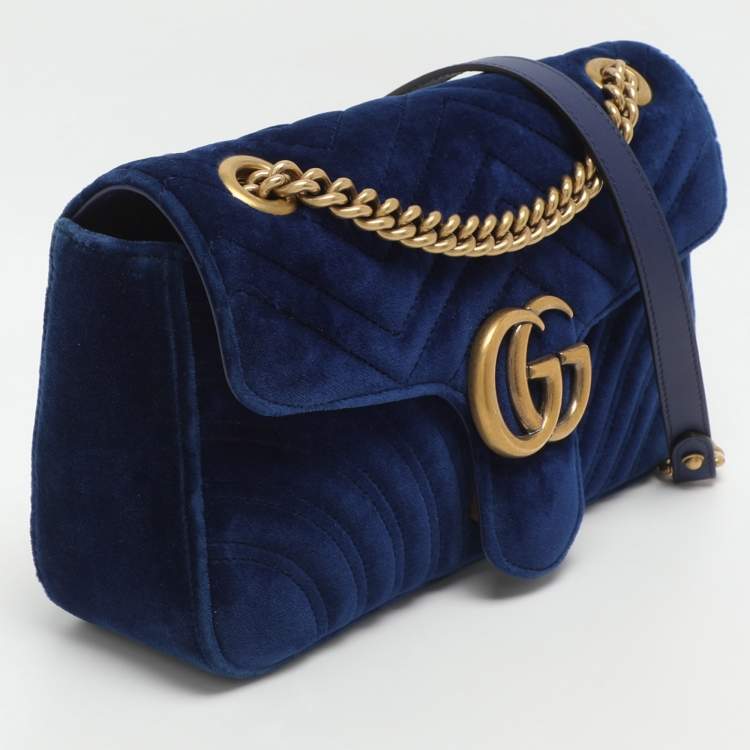 Pre Owned Gucci GG Marmont Medium Blue Velvet Shoulder Bag