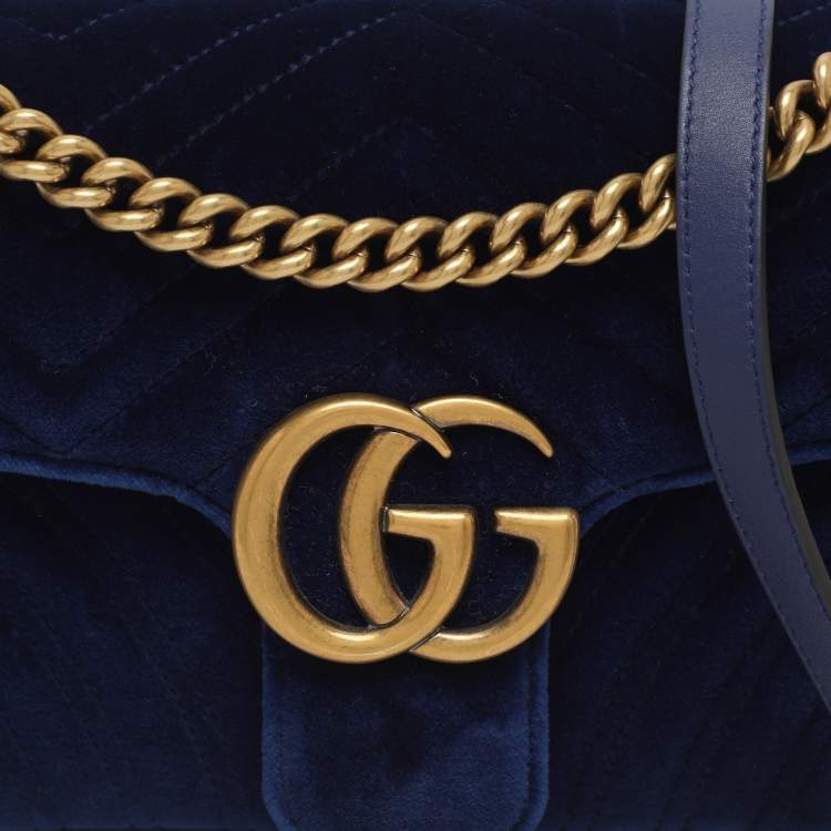 Pre Owned Gucci GG Marmont Medium Blue Velvet Shoulder Bag