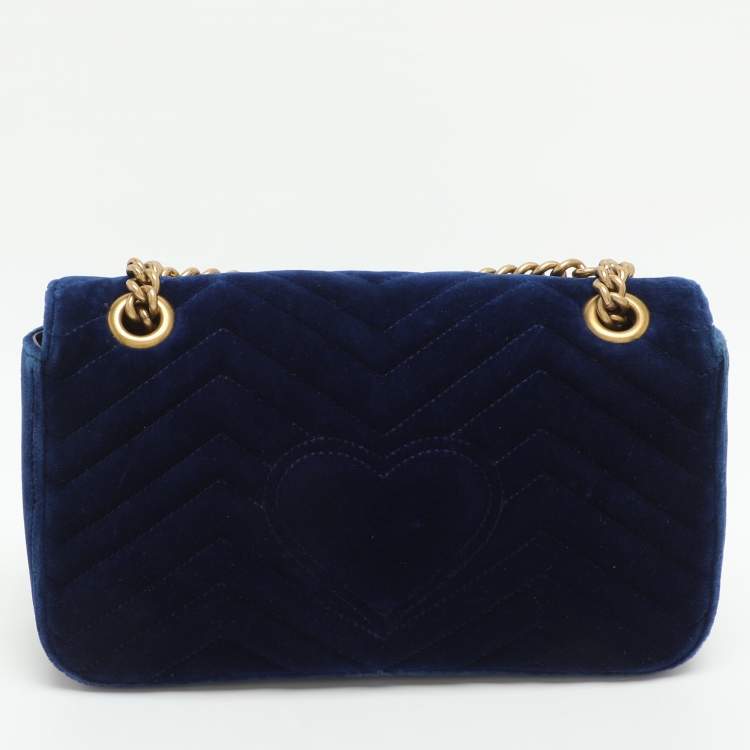 Pre Owned Gucci GG Marmont Medium Blue Velvet Shoulder Bag