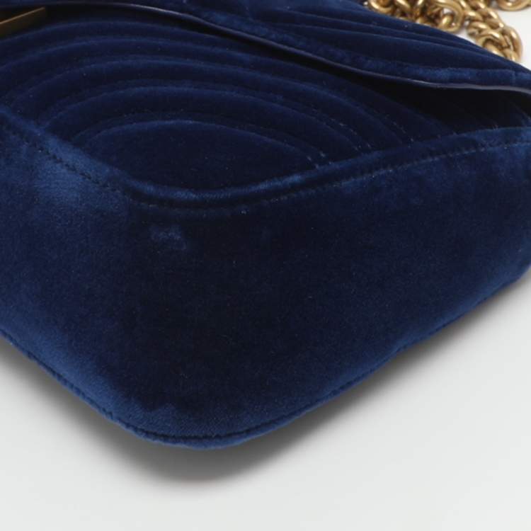 Pre Owned Gucci GG Marmont Medium Blue Velvet Shoulder Bag