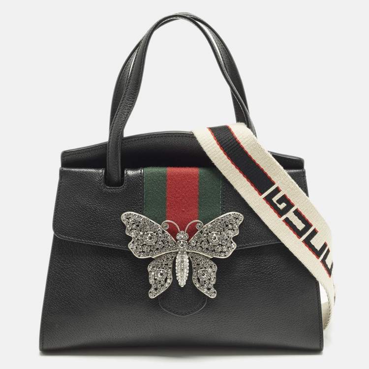 Pre Owned Gucci Sherry Line Butterfly Crystal Medium Black Leather Tote