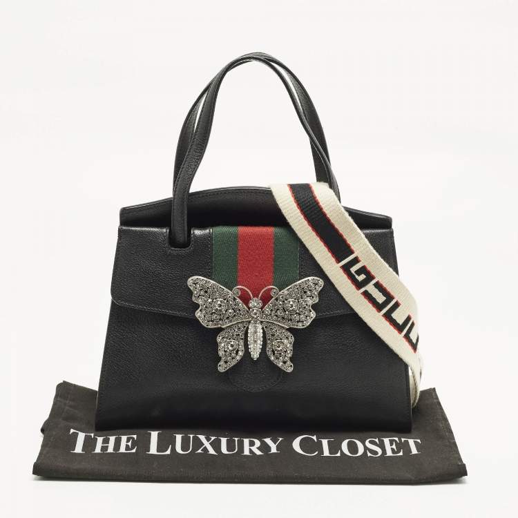 Pre Owned Gucci Sherry Line Butterfly Crystal Medium Black Leather Tote