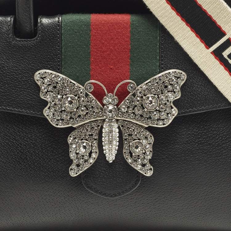 Pre Owned Gucci Sherry Line Butterfly Crystal Medium Black Leather Tote