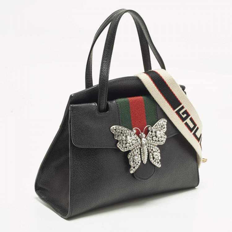 Pre Owned Gucci Sherry Line Butterfly Crystal Medium Black Leather Tote