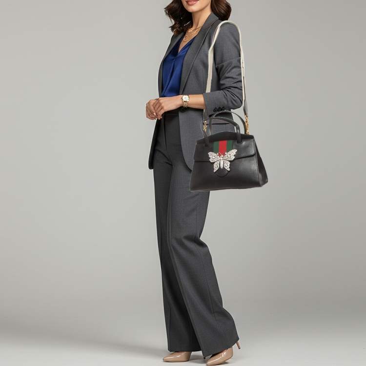 Pre Owned Gucci Sherry Line Butterfly Crystal Medium Black Leather Tote