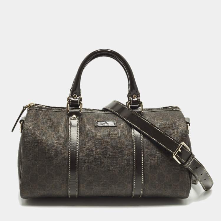 Pre Owned Gucci Joy Dark Brown GG Supreme Canvas and Patent Leather Boston Bag