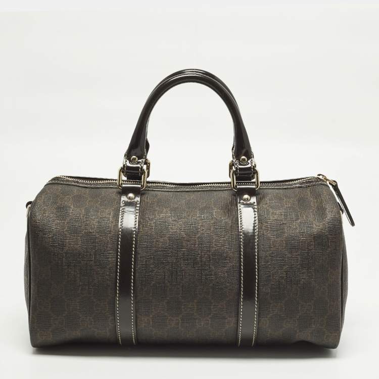 Pre Owned Gucci Joy Dark Brown GG Supreme Canvas and Patent Leather Boston Bag