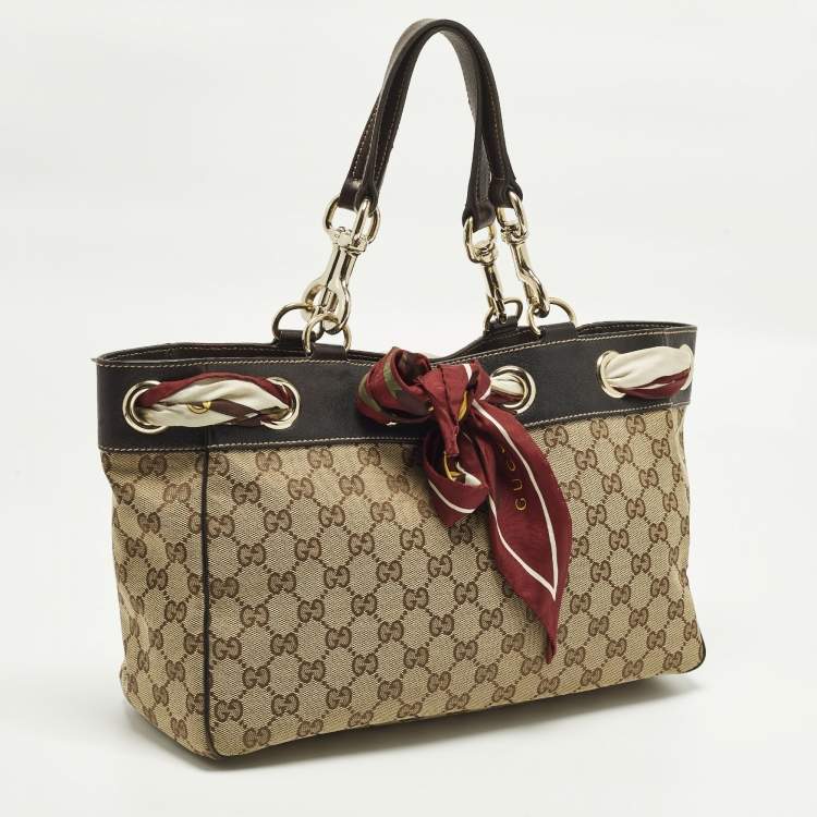Pre Owned Gucci Positano Scarf Beige/Brown GG Canvas Tote