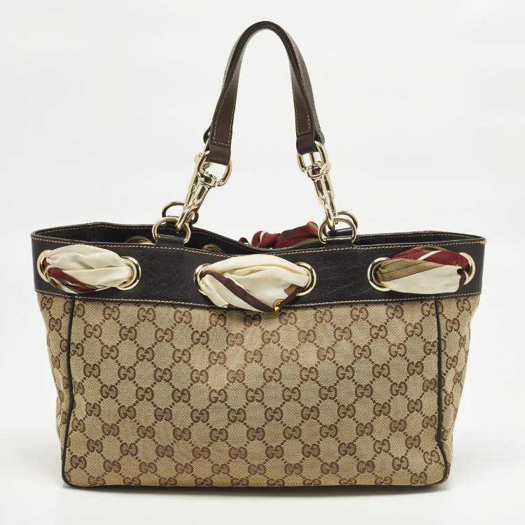 Pre Owned Gucci Positano Scarf Beige/Brown GG Canvas Tote