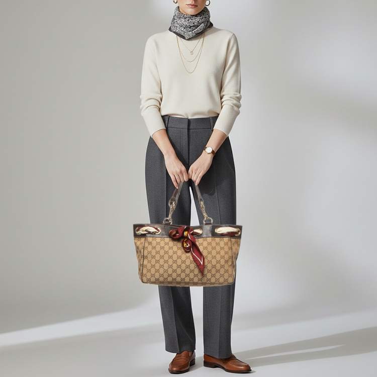 Pre Owned Gucci Positano Scarf Beige/Brown GG Canvas Tote