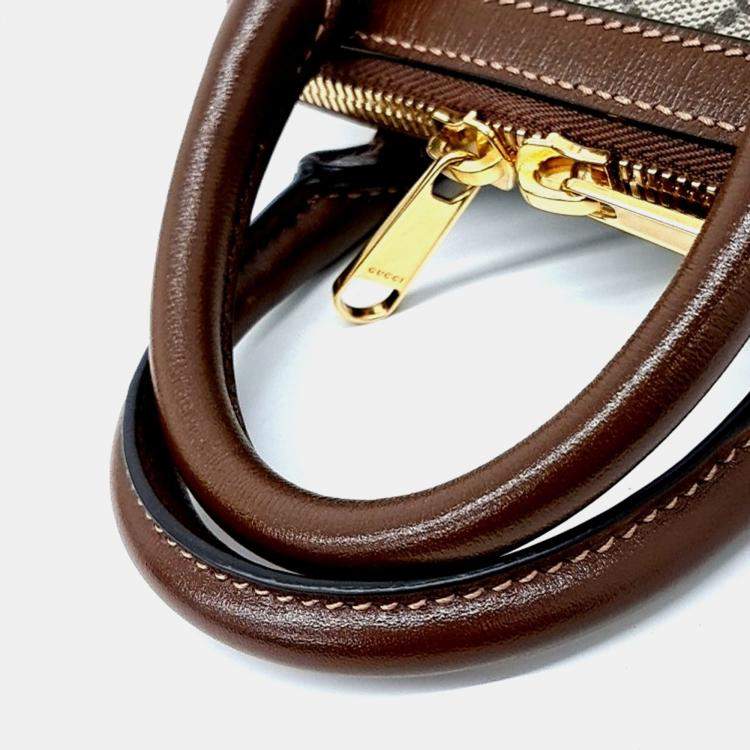 Pre Owned Gucci Beige, Brown Coated Canvas Horsebit 1955 Mini Top Handle Bag