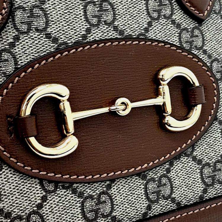 Pre Owned Gucci Beige, Brown Coated Canvas Horsebit 1955 Mini Top Handle Bag