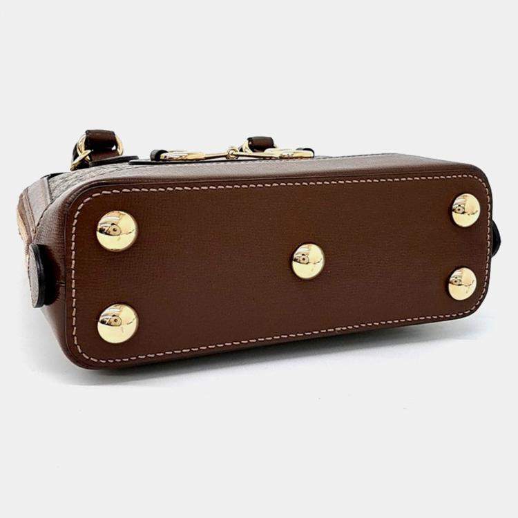 Pre Owned Gucci Beige, Brown Coated Canvas Horsebit 1955 Mini Top Handle Bag
