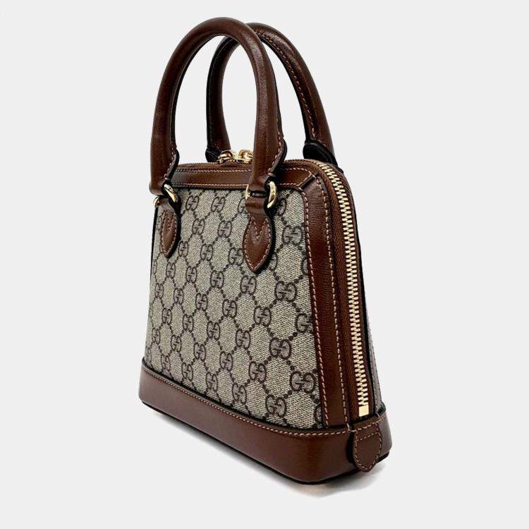 Pre Owned Gucci Beige, Brown Coated Canvas Horsebit 1955 Mini Top Handle Bag