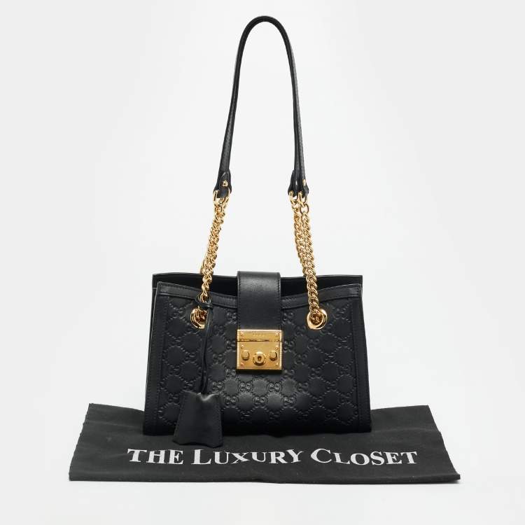 Pre Owned Gucci Padlock Small Black Guccissima Leather Tote