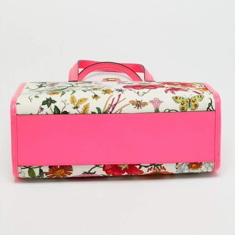 Pre Owned Gucci Flora Neon Pink/Multicolor Floral Print Canvas and Leather Tote