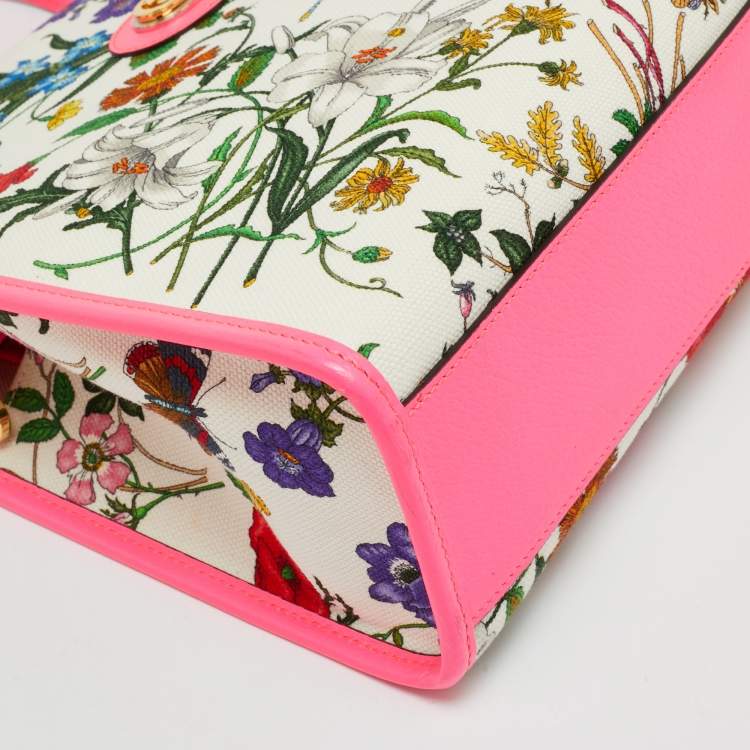 Pre Owned Gucci Flora Neon Pink/Multicolor Floral Print Canvas and Leather Tote