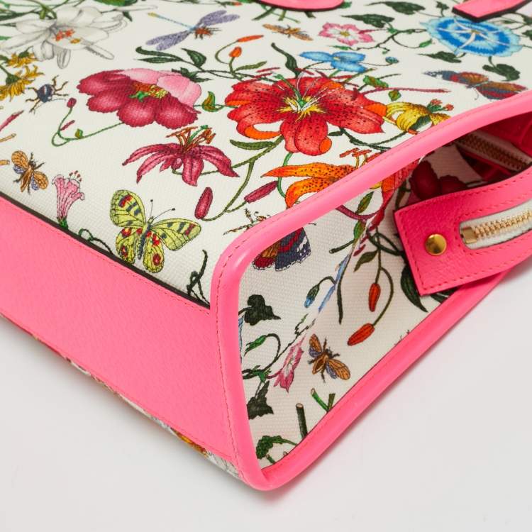 Pre Owned Gucci Flora Neon Pink/Multicolor Floral Print Canvas and Leather Tote