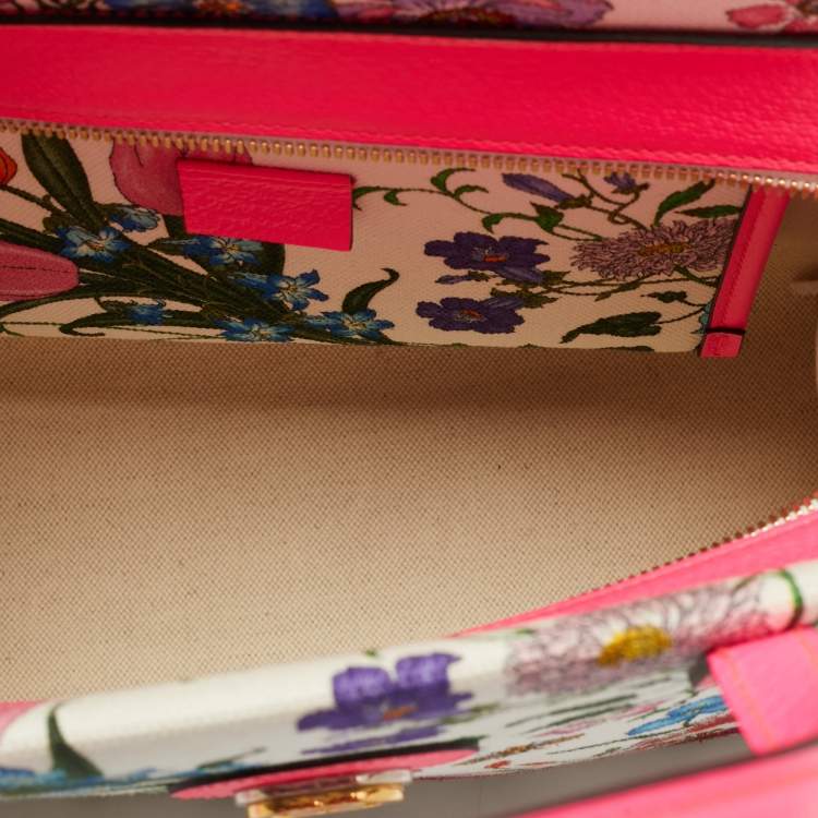 Pre Owned Gucci Flora Neon Pink/Multicolor Floral Print Canvas and Leather Tote