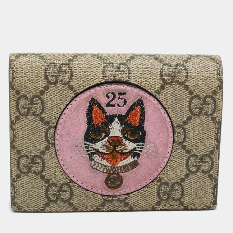 Pre Owned Gucci Bosco Patch Beige/Pink GG Supreme Canvas Compact Wallet