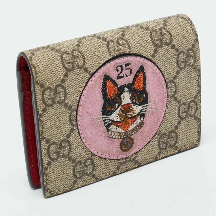 Pre Owned Gucci Bosco Patch Beige/Pink GG Supreme Canvas Compact Wallet