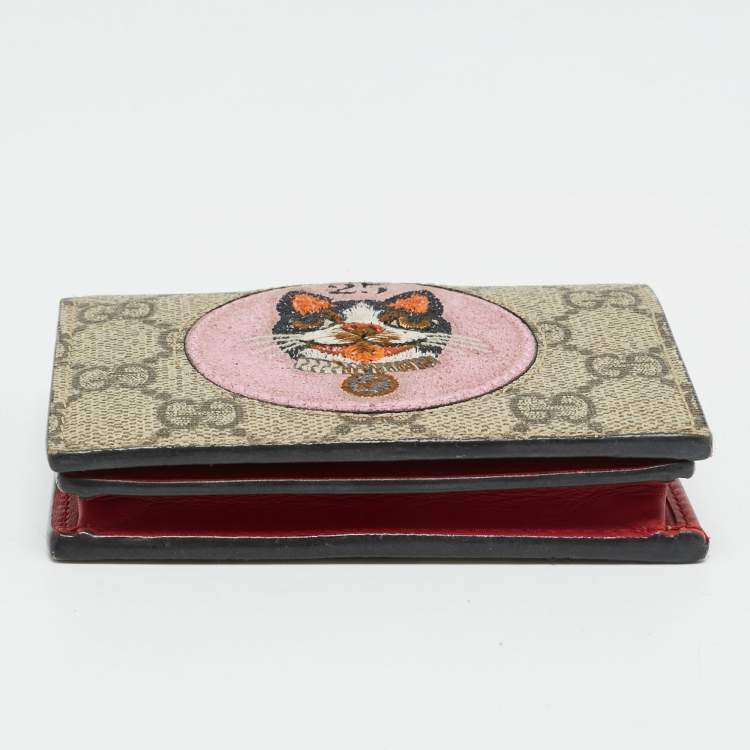 Pre Owned Gucci Bosco Patch Beige/Pink GG Supreme Canvas Compact Wallet
