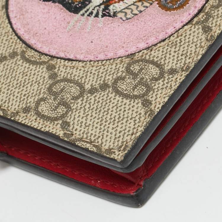 Pre Owned Gucci Bosco Patch Beige/Pink GG Supreme Canvas Compact Wallet
