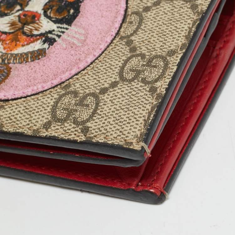 Pre Owned Gucci Bosco Patch Beige/Pink GG Supreme Canvas Compact Wallet