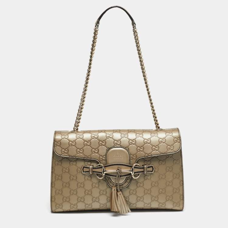 Pre Owned Gucci Emily Chain Medium Metallic Beige Guccissima Leather Shoulder Bag
