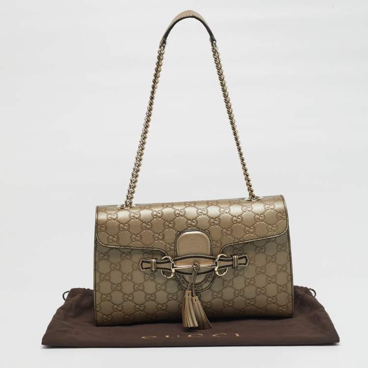 Pre Owned Gucci Emily Chain Medium Metallic Beige Guccissima Leather Shoulder Bag