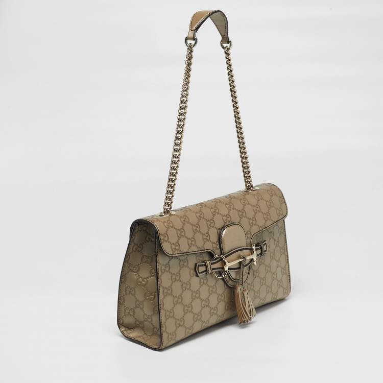Pre Owned Gucci Emily Chain Medium Metallic Beige Guccissima Leather Shoulder Bag
