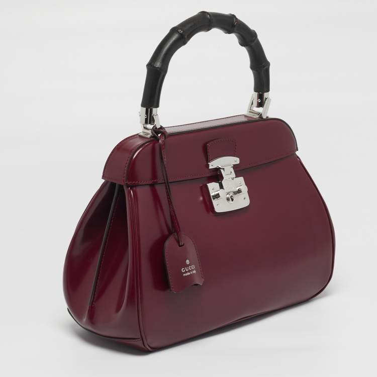 Pre Owned Gucci Bamboo Lady Lock Medium Burgundy Leather Top Handle Bag