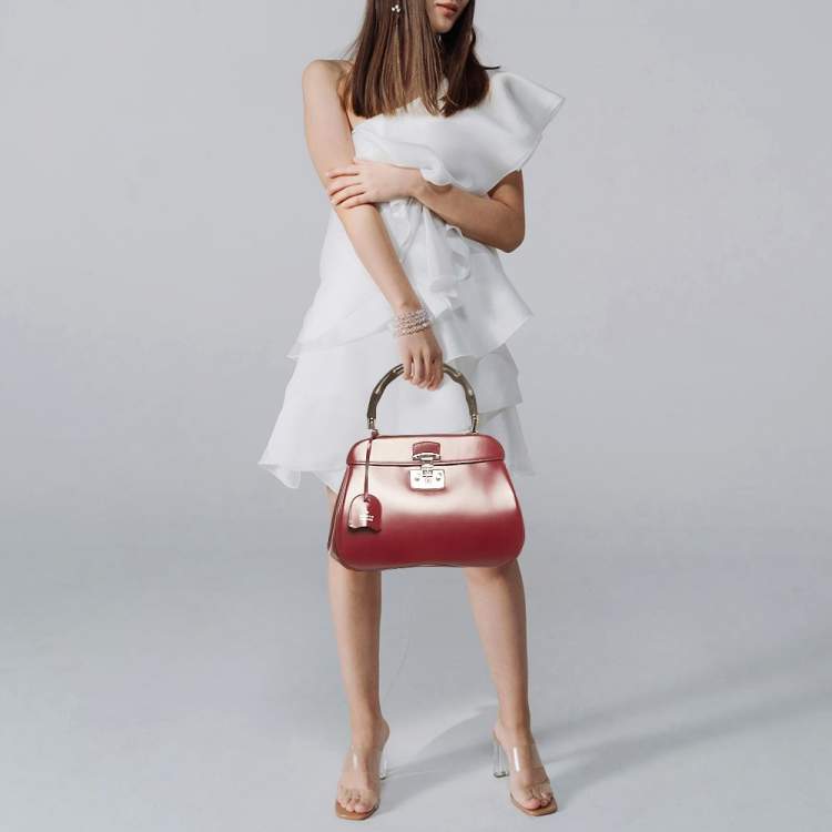 Pre Owned Gucci Bamboo Lady Lock Medium Burgundy Leather Top Handle Bag