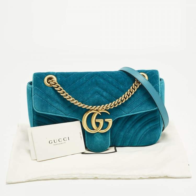 Pre Owned Gucci GG Marmont Small Blue Matelasse Velvet Flap Shoulder Bag
